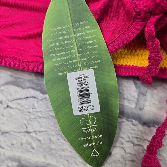 NWT Farm Rio Rainbow Crochet Bikini Top Pink Picnic Green Picnic size Medium - Picture 7 of 16
